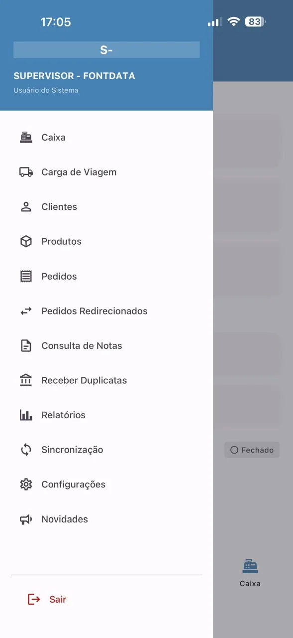 Menu do aplicativo MAXIMUS FORCE com caixa, carga de viagem, clientes, produtos, pedidos, consulta de notas e sincronização